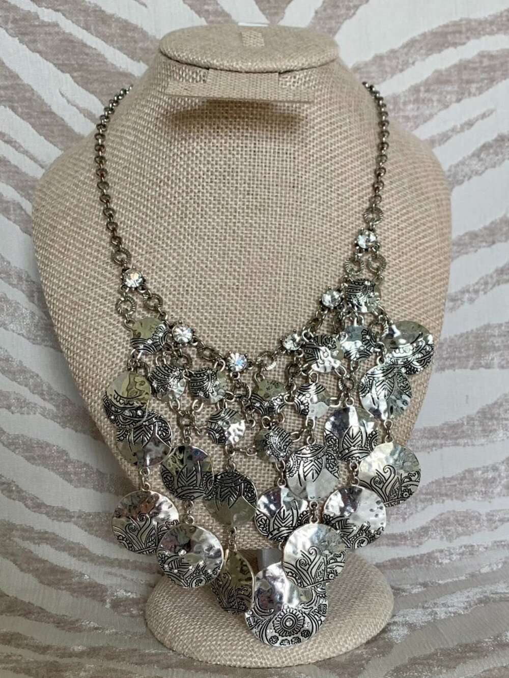 Boho Chic Silver Tone Layered Coin Tiered Bib Necklace